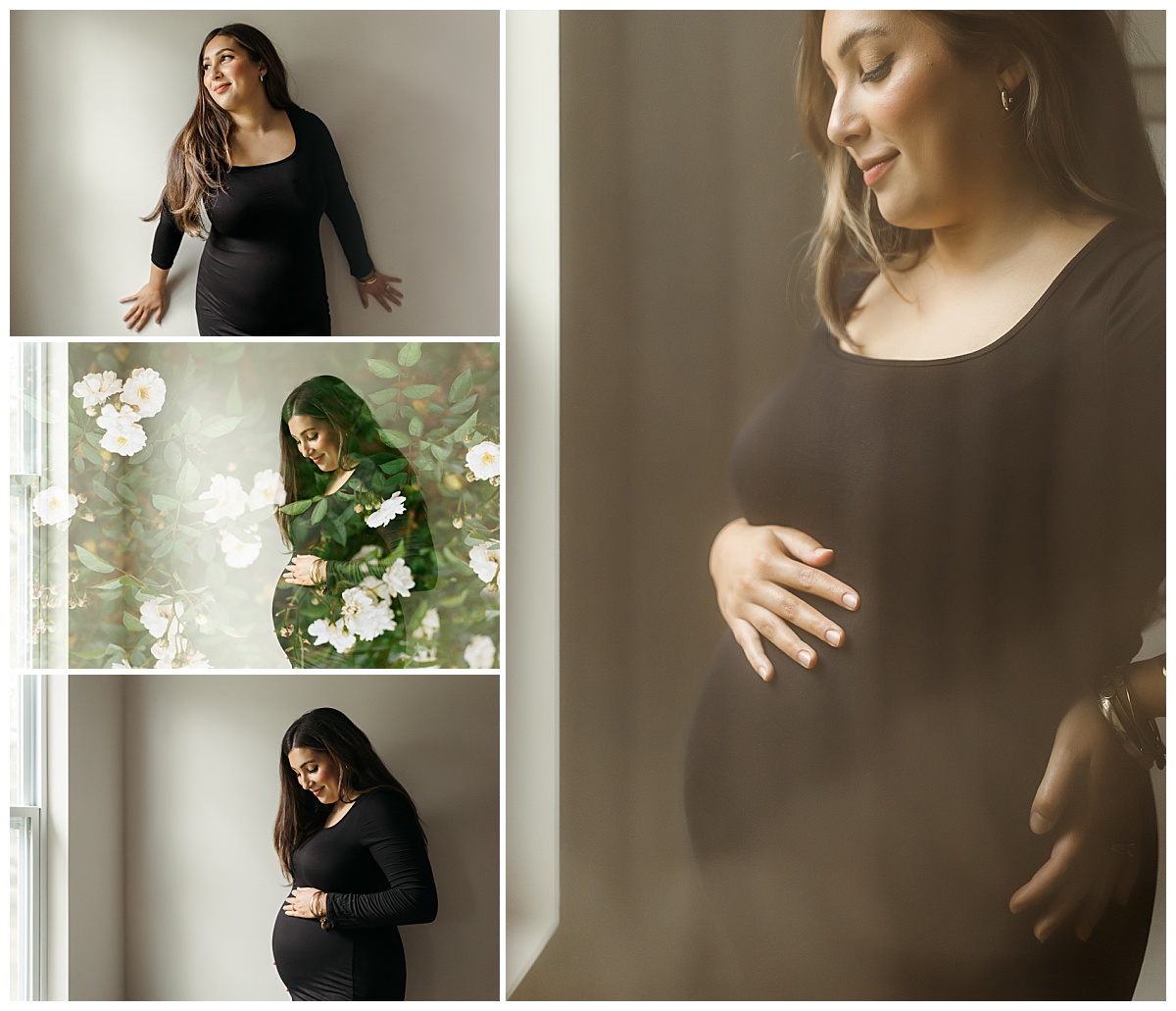 mom-to-be smiles at her belly as she leans against the wall by Nikki Meer Photography