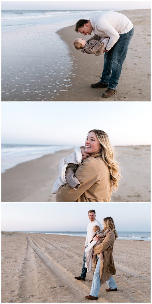 parents walk on sand together holding baby by Virginia Beach photographer